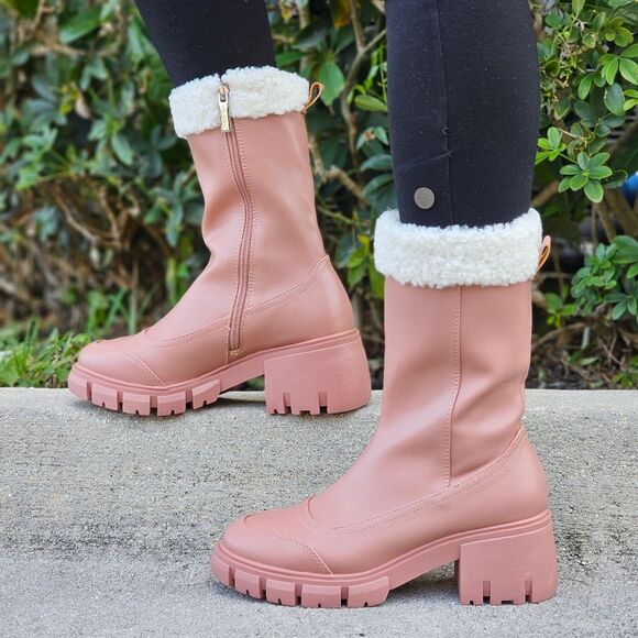 Shoes - Women's Sherpa Faux Fur Ankle Boot Blush Color